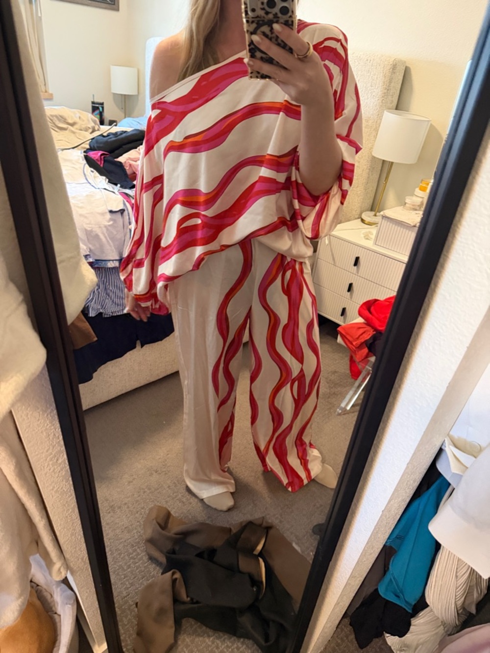 Flowy Two-Piece Set with Pink & Red Wave Print cancun wear